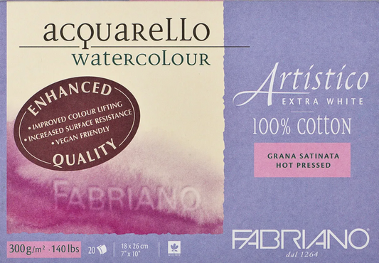 Fabriano Artistico Watercolour Enhanced 300gsm Hot Press Extra White 20 Sheet Blocks