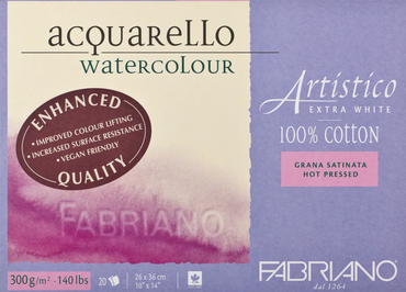 Fabriano Artistico Watercolour Enhanced 300gsm Hot Press Extra White 20 Sheet Blocks