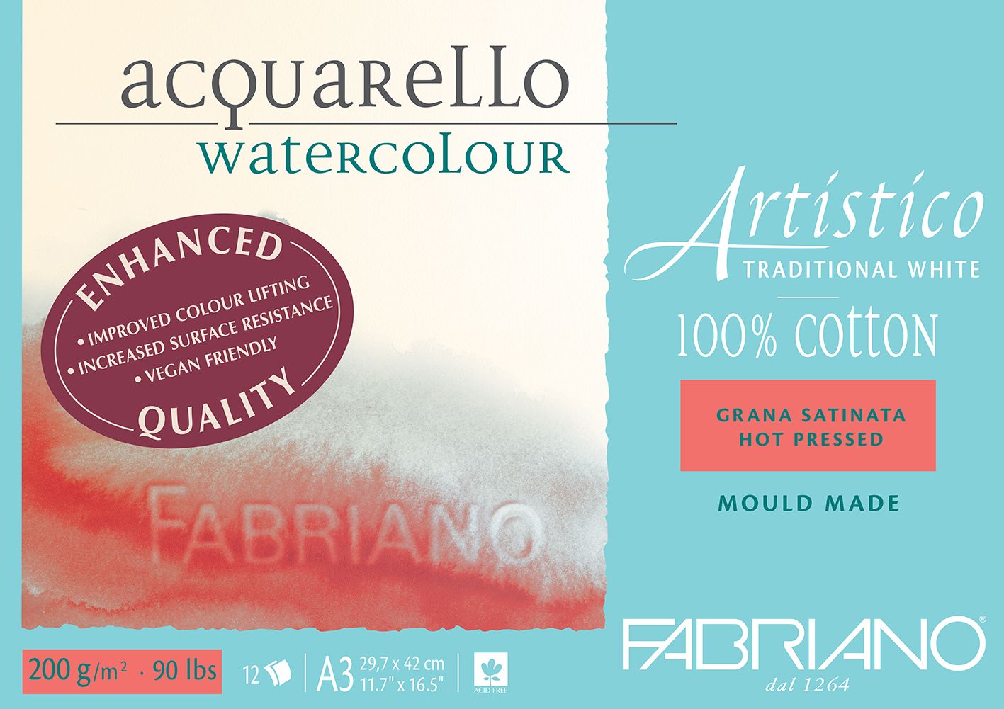 Fabriano Artistico Watercolour Enhanced 200gsm Hot Press 12 Sheet Pads