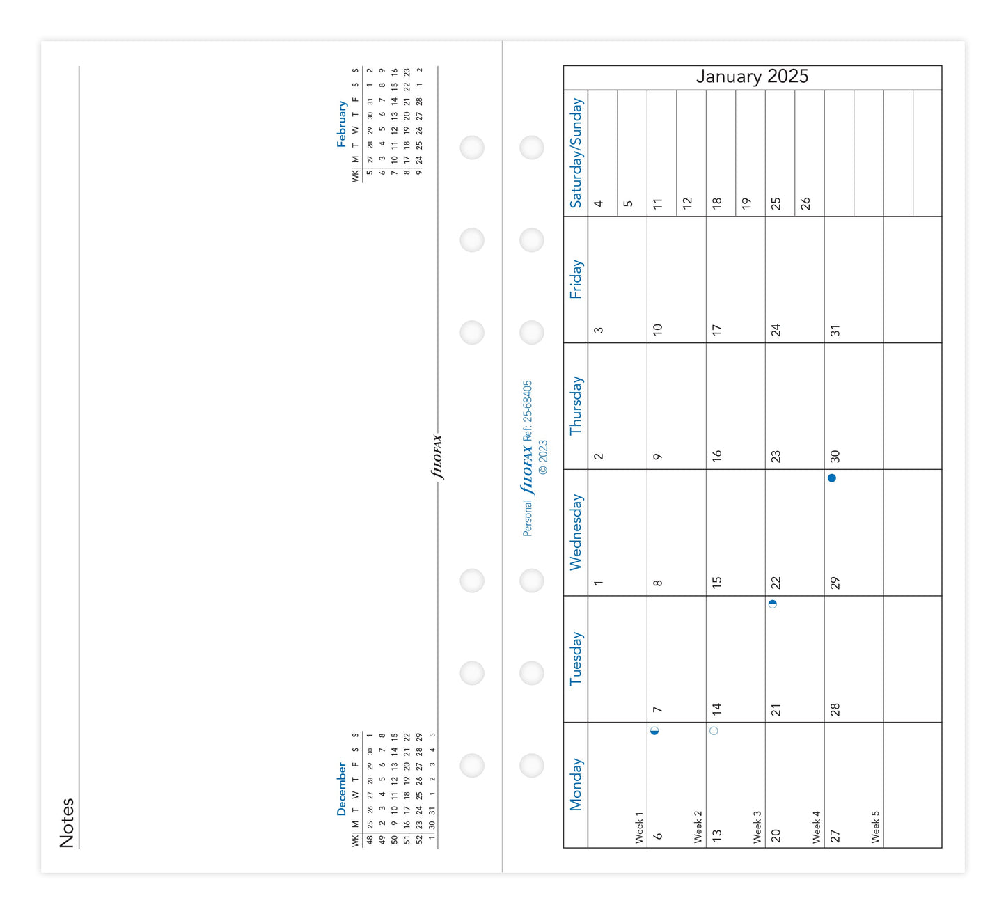 Filofax Classic Month To A Page With Notes Personal 2025 Refill