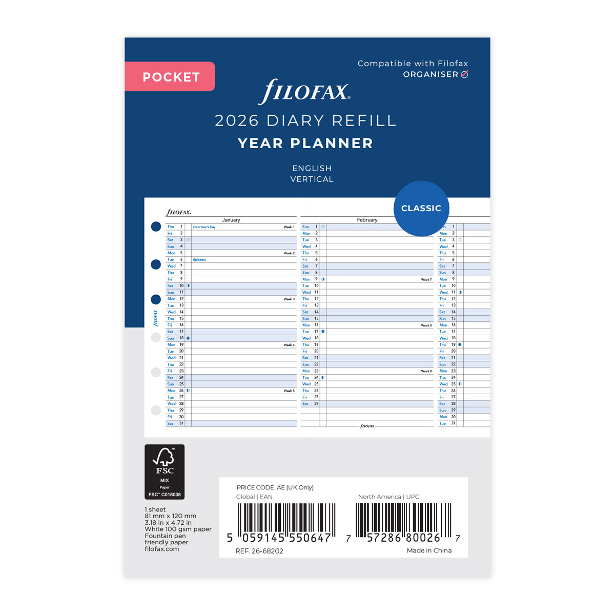Filofax Refill Year Planner Vertical Pocket 2026