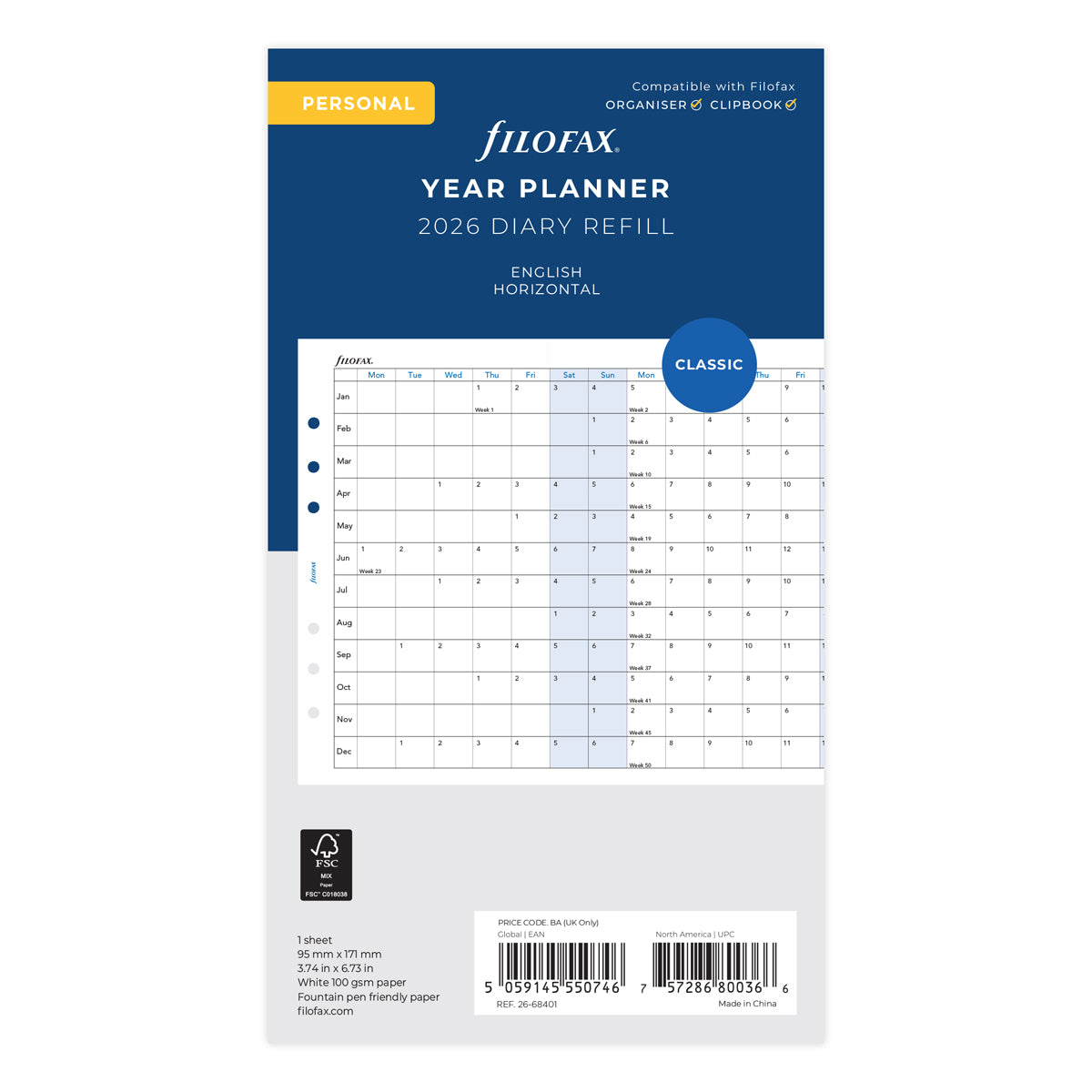 Filofax Refill Year Planner Horizontal Personal 2026