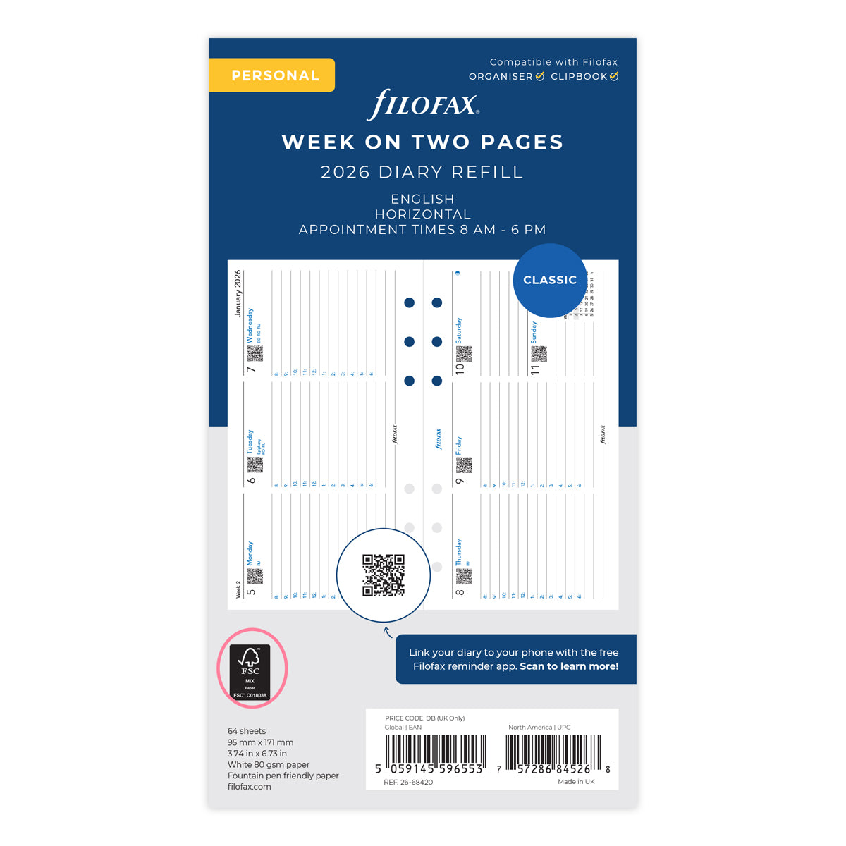 Filofax Refill Classic Week To View With Appointments Landscape Personal 2026