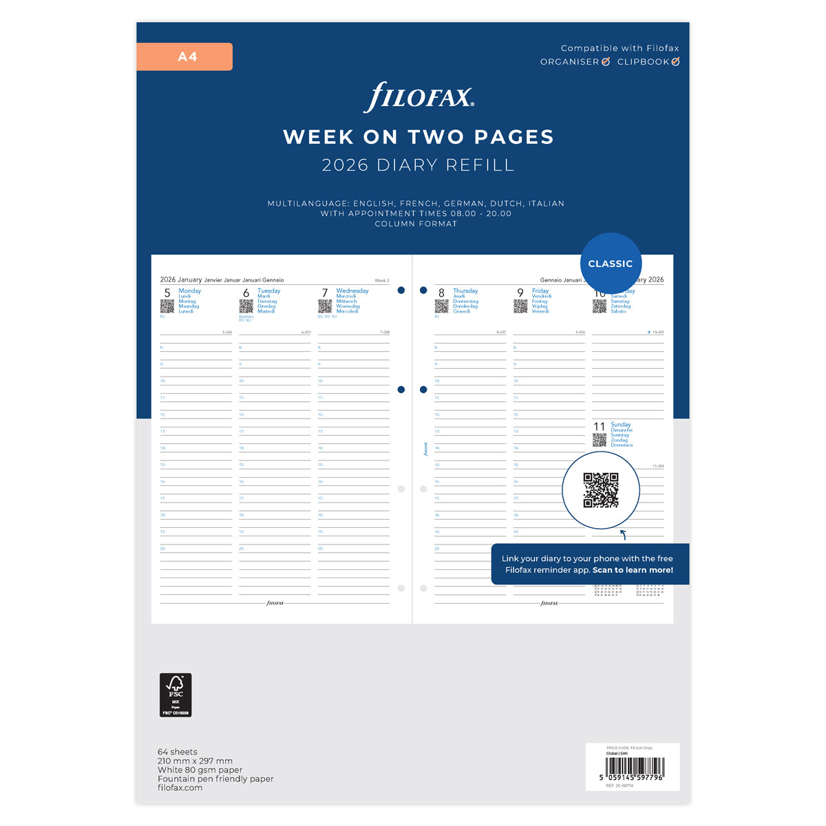 Filofax Refill Classic Week To View With Appointments Vertical A4 ML 2026