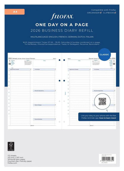 Filofax Refill Classic Day Per Page With Appointments A4 ML 2026