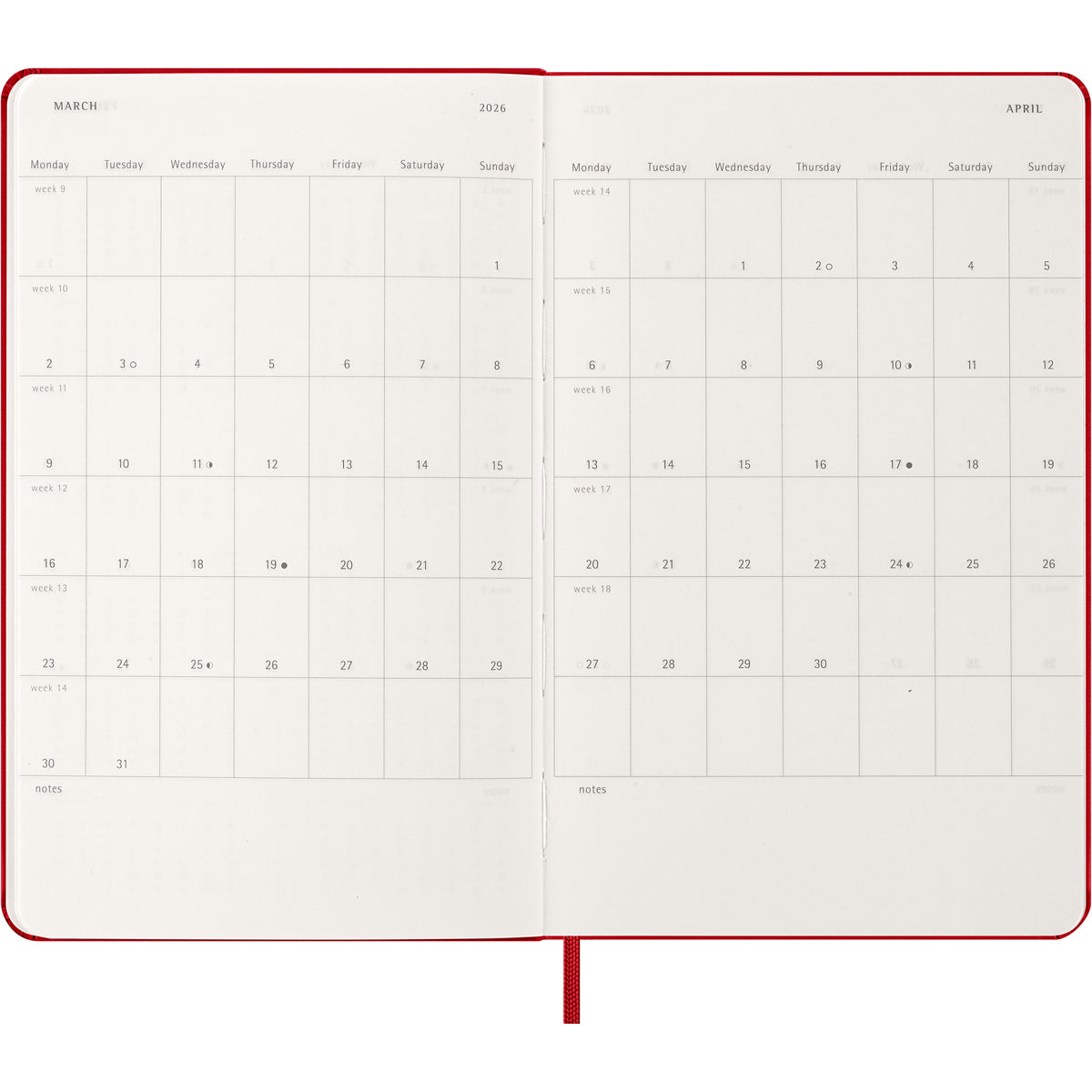 Moleskine Diary 12 Month Weekly + Notes HC Large Scarlet Red 2026