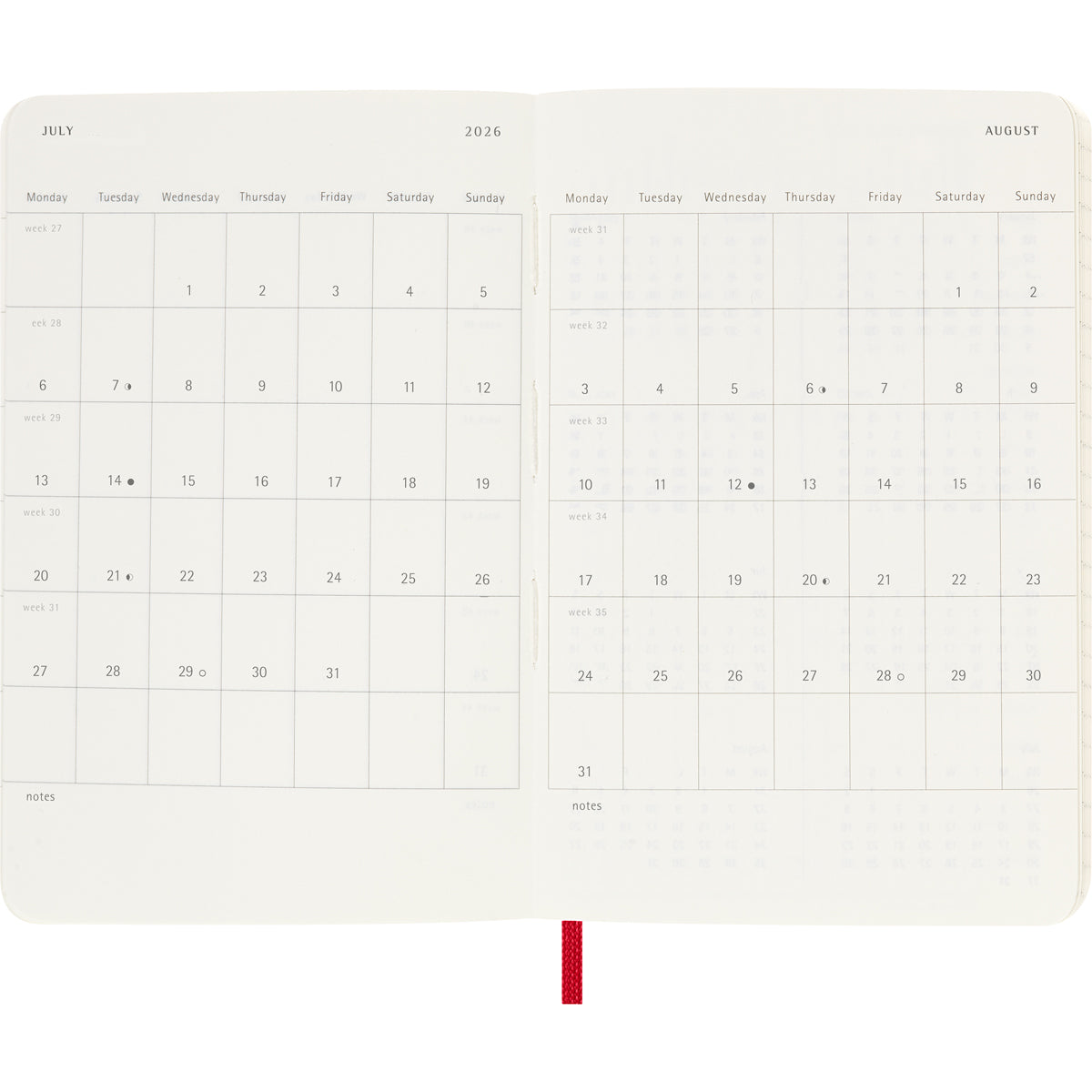 Moleskine Diary 12 Month Weekly + Notes SC Pocket Scarlet Red 2026