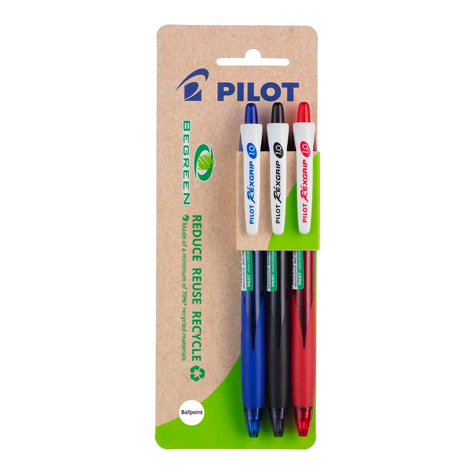 Bolígrafos Pilot Rexgrip Begreen - Pack De 3 Unidades, Tinta Negra, Punta 1.0 Mm, Diseño Ergonómico Con Agarre De Goma