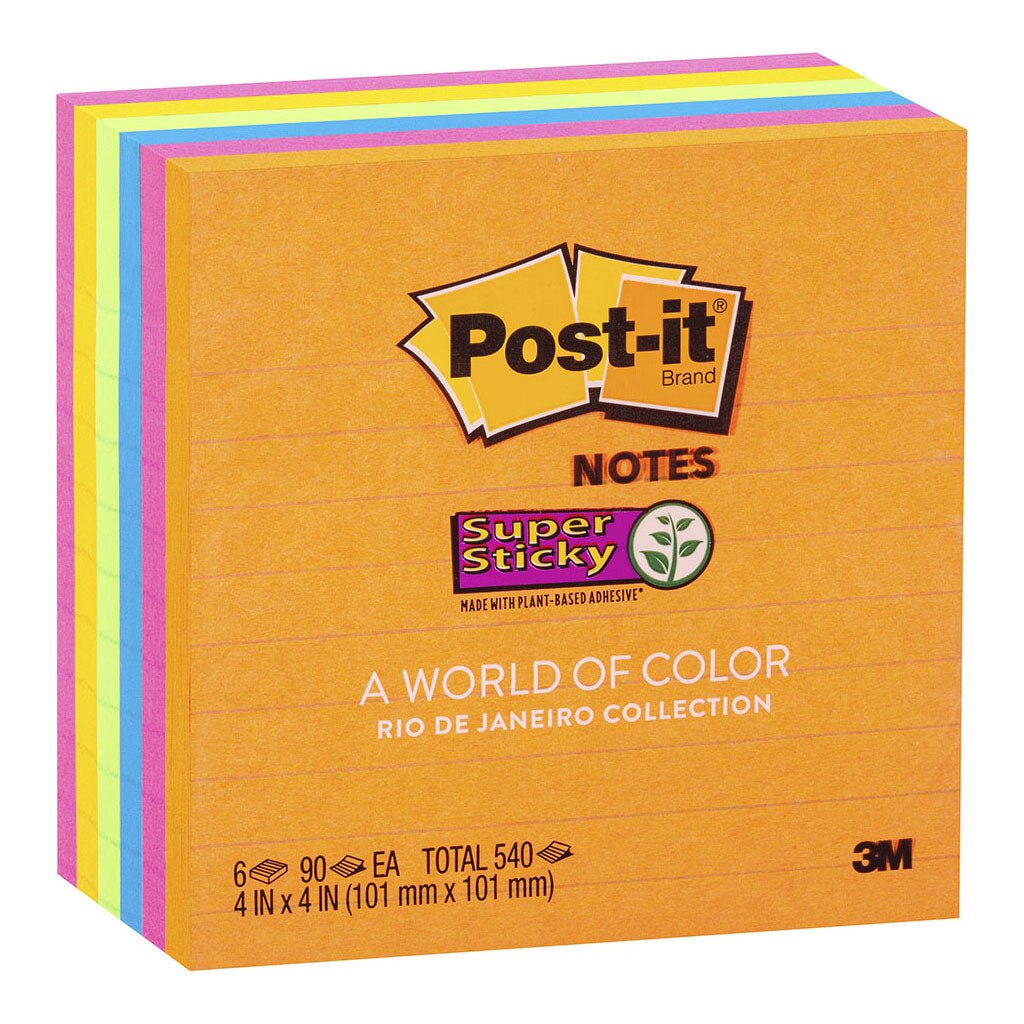 Post-it Super Sticky Lined Notes 675-6ssuc Rio De Janiero 101x101mm 90 Sheet Pads Pack Of 6