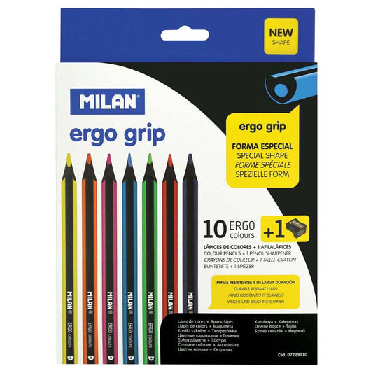 Milan Ergo Assorted Coloured Pencils Set Of 10 Colours + Sharpener