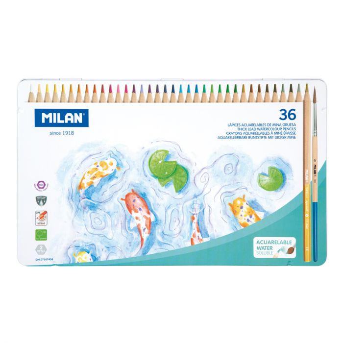 Milan Hexagonal Watersoluble Colouring Pencils Set of 36 in a Metal Box