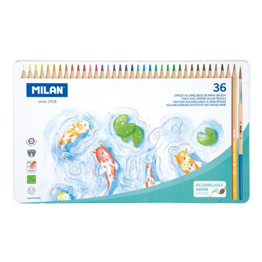 Milan Hexagonal Watersoluble Colouring Pencils Set of 36 in a Metal Box
