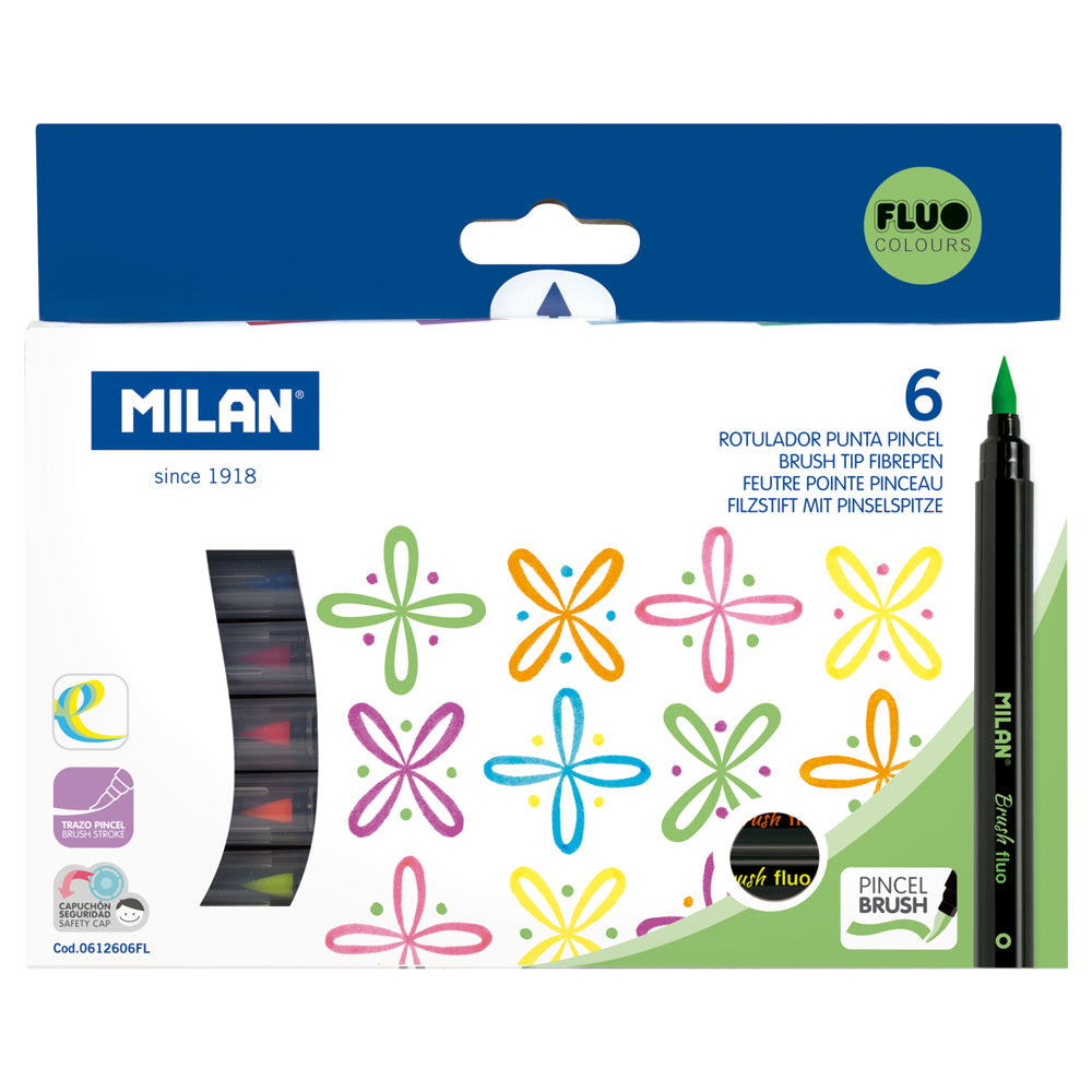 Milan Fluorescent Brush Tip Markers Set of 6