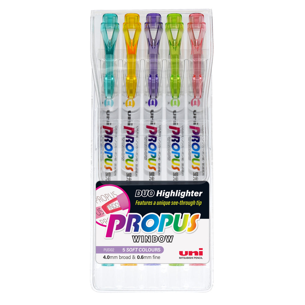 Uni Propus Window Double-ended 4.0mm/0.6mm Pastel Highlighters Set Of 5