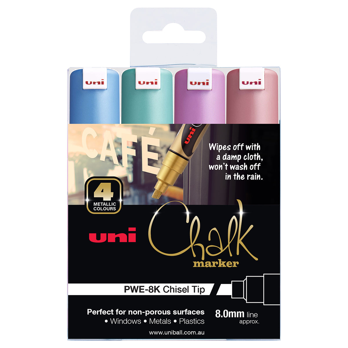 Uni 8.0mm Bold Chisel Tip Metallic Chalk Markers