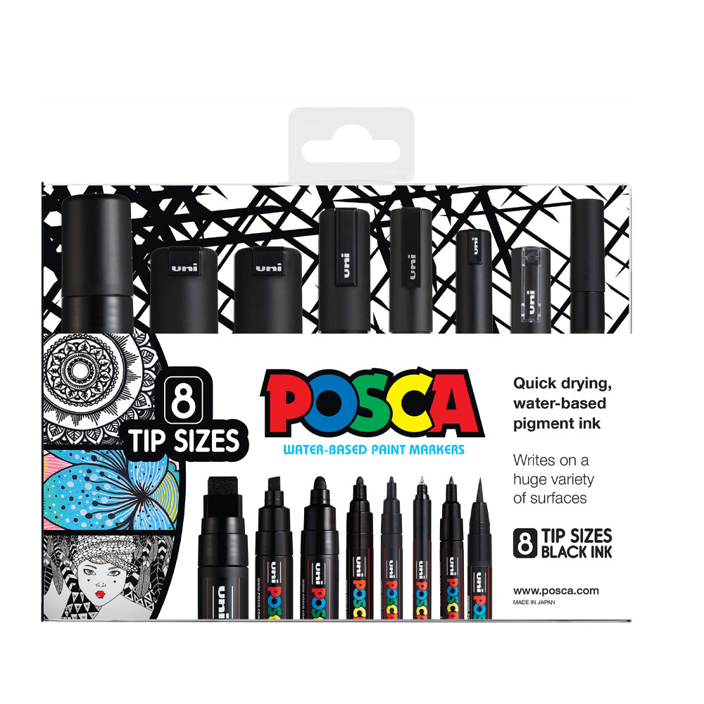 Uni Posca Black Assorted Tip Markers Set of 8