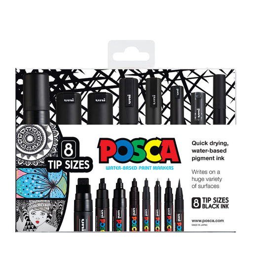 Uni Posca Black Assorted Tip Markers Set of 8