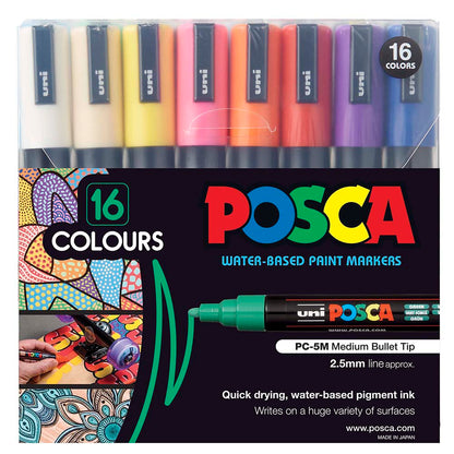 Uni Posca PC-5M 1.8-2.5mm Medium Bullet Tip Assorted Colour Markers Set of 16