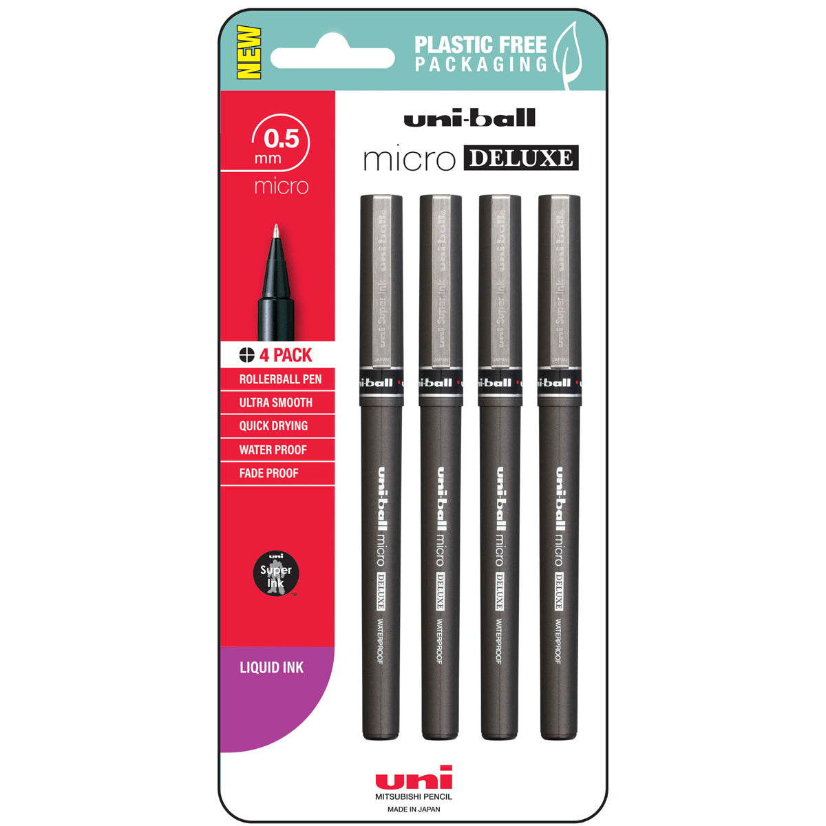 Uni Micro 0.5mm Deluxe Capped Black Rollerball Pens Set of 4