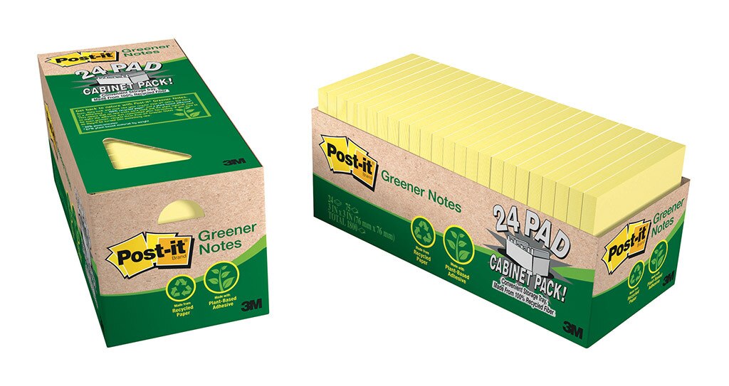 Post-it Recycled Note Cabinet Pack 654r-24cp-cy Yellow 76x76mm 75 Sheet Pads Pack Of 24