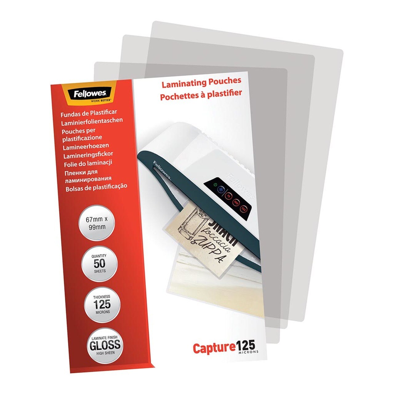Fellowes Laminating Pouches 67x99mm 125 Micron Pack Of 50