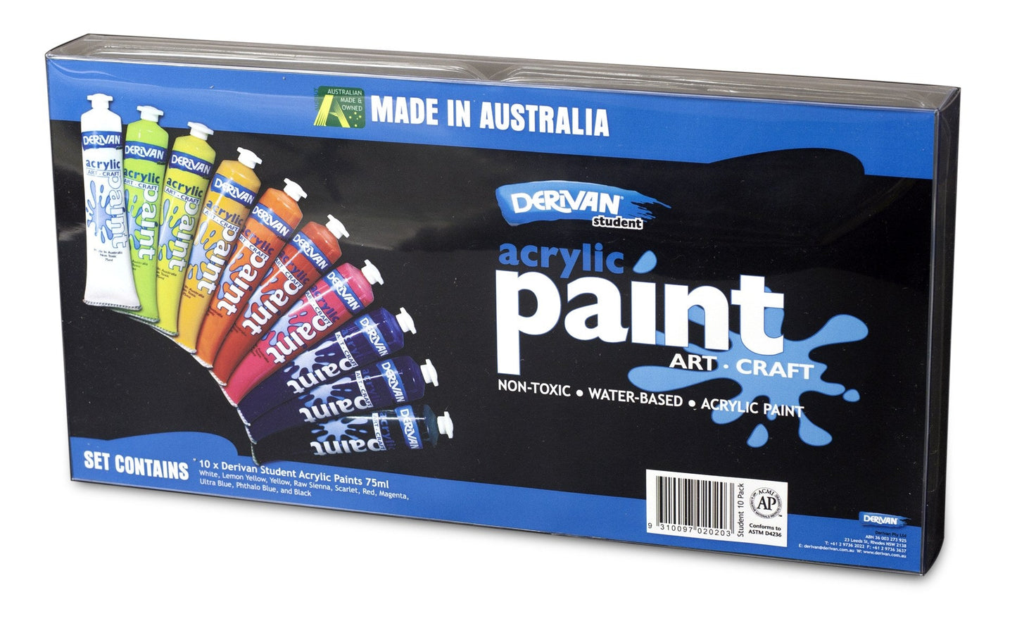 Derivan Acrylic Student Paint Set of 10 x 75ml