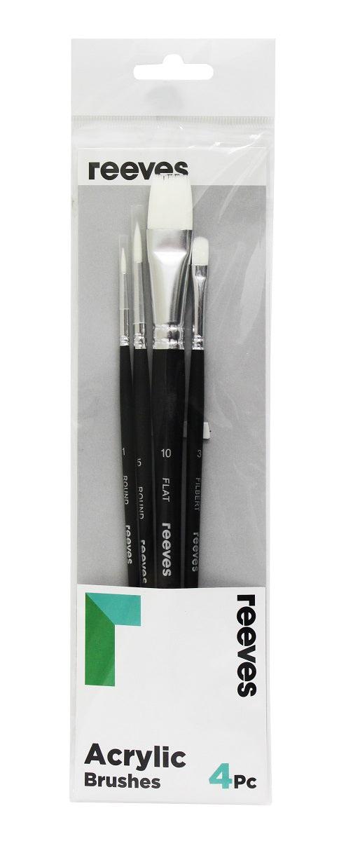 Reeves Acrylic White Synthetic Long Handle Brushes Set of 4