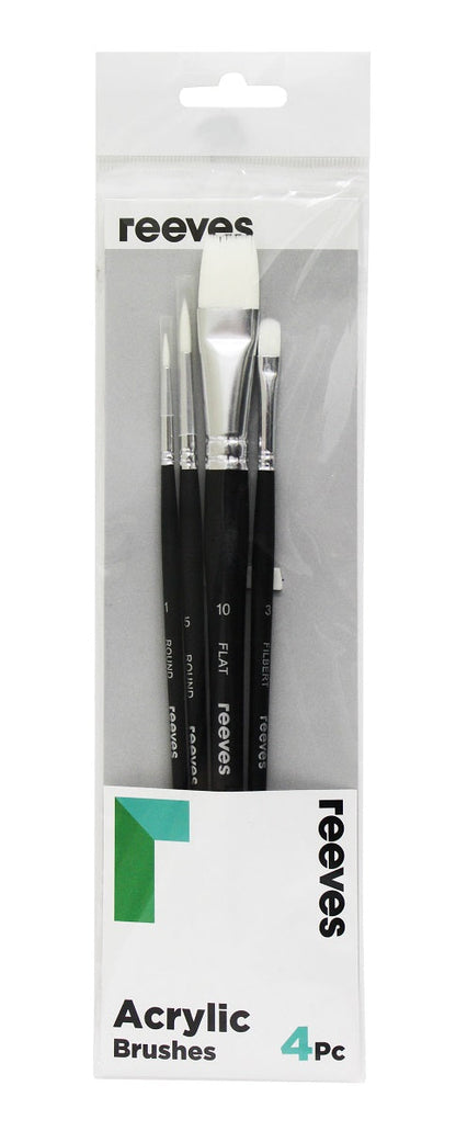Reeves Acrylic White Synthetic Long Handle Brushes Set of 4