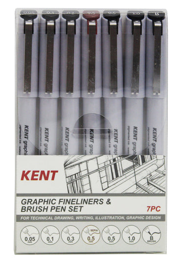 Kent Graphic Fineliner & Brush Pen Set Of 7