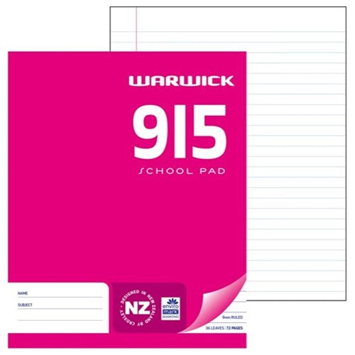 Warwick School Pad 9i5 9mm Ruled 36 Leaf 255mm X 205mm