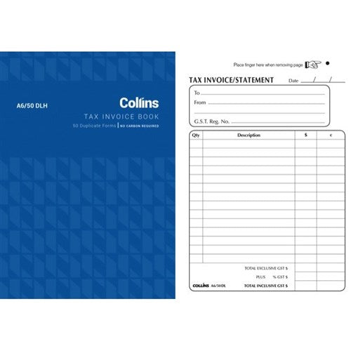 Collins Tax Invoice A6/50dlh Duplicate No Carbon Required Size 148mm X 104mm