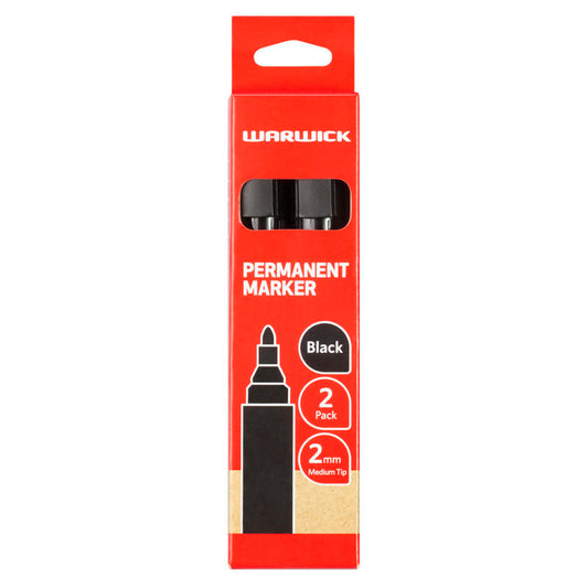 Warwick Permanent Marker Pen Black Bullet Tip Blister 2 Pack