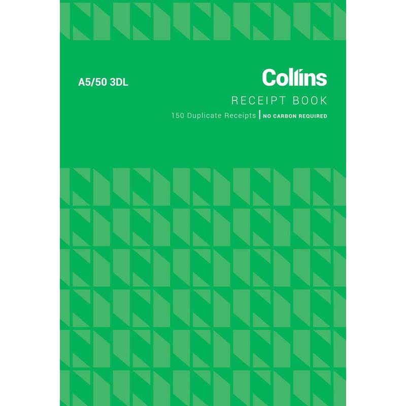 Collins Cash Receipt A5/50 3dl Duplicate No Carbon Required