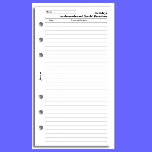 Filofax Personal Birthdays/anniversaries Insert Refill