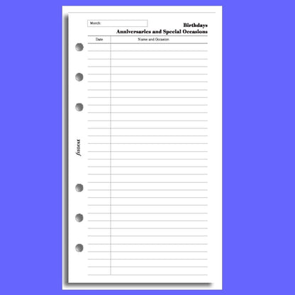 Filofax Personal Birthdays/anniversaries Insert Refill