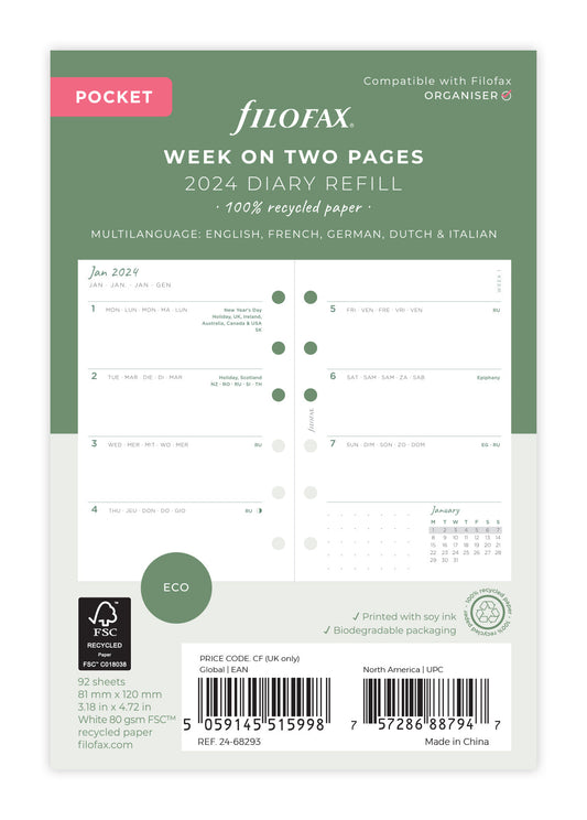 Filofax Eco Pocket Week on Two Pages Diary Refill