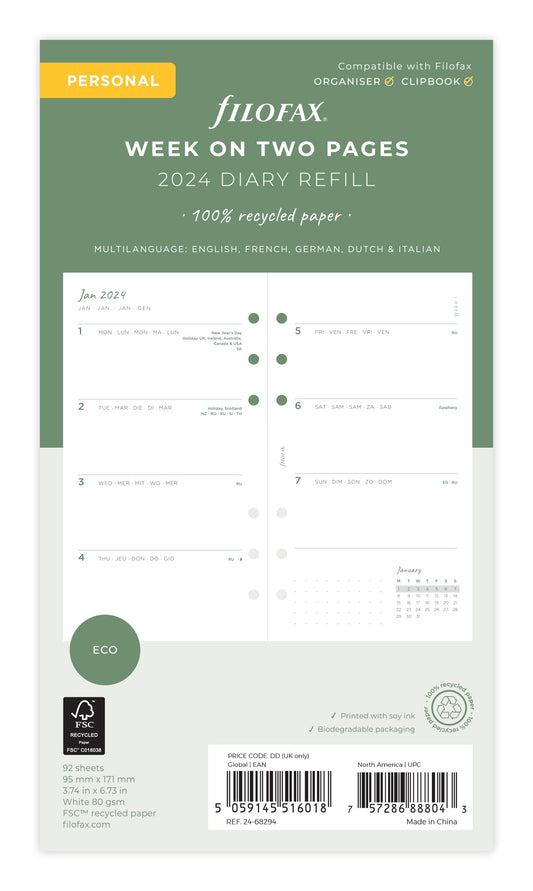Filofax Eco Personal Week on Two Pages Diary Refill