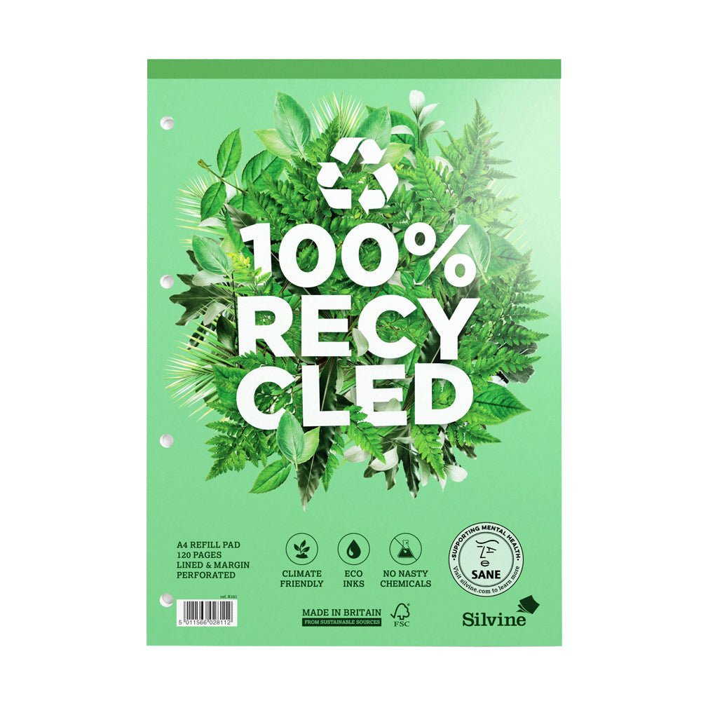 Silvine 100% Recycled Refill Pad A4 120 Pages Ruled With Margin