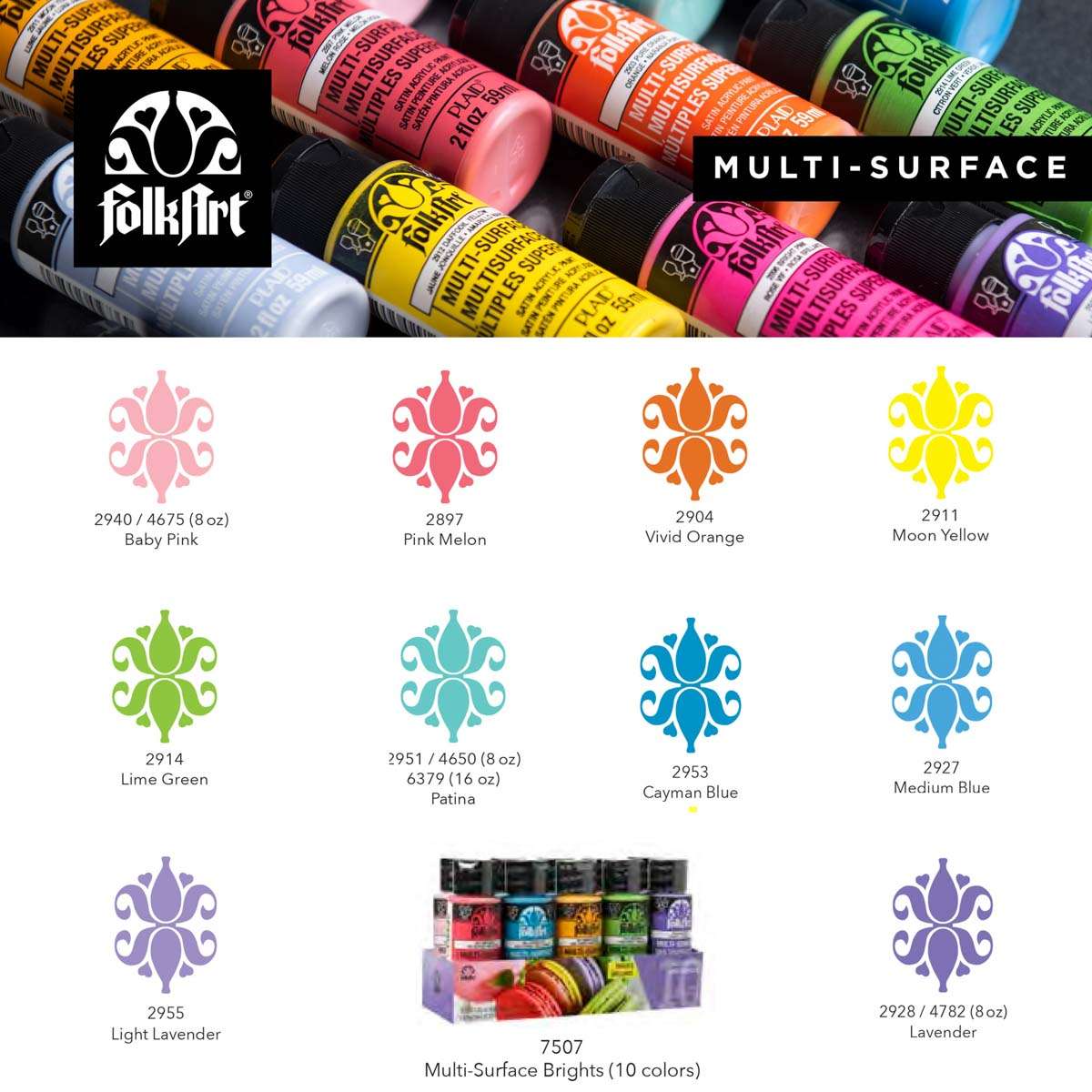 FolkArt Multi-Surface 59ml Bright Acrylic Paints - Set Of 10